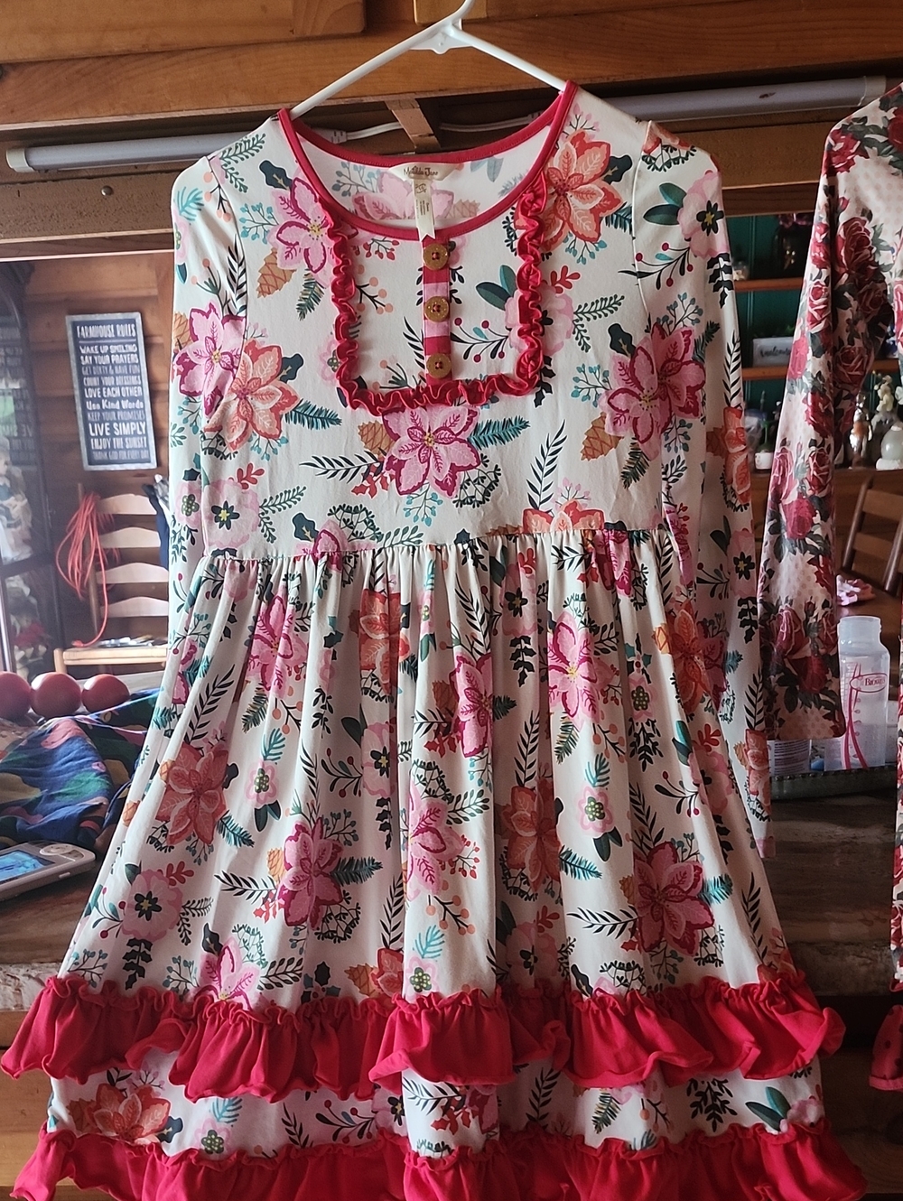 Matilda Jane Cream Floral Ruffle Tiered Dress with Pink Trim